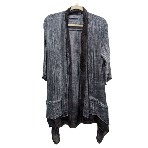 Simply Couture Blue Striated Crinkled Layered Sheer Gauze Long Open Cardigan, S - Picture 1 of 7